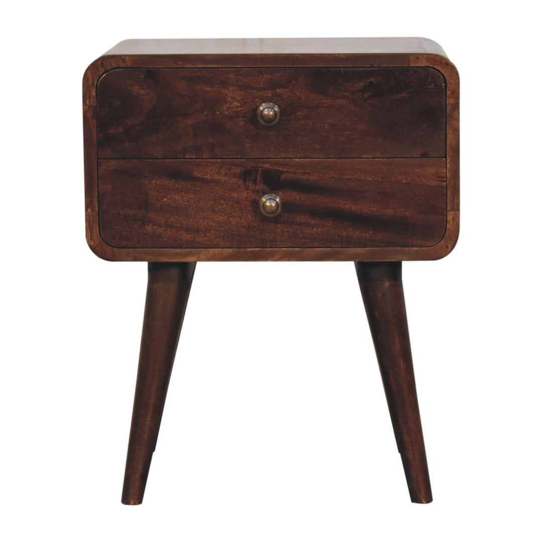 Solid Wood Curved California Walnut Nightstand, 2-Drawers, Nordic Legs, Dark Brown
