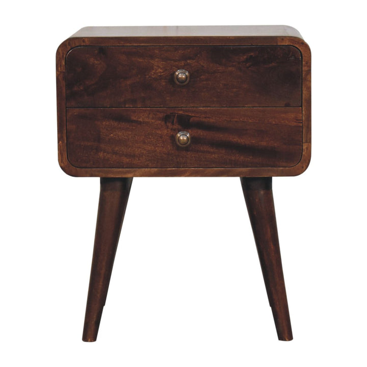 Solid Wood Curved California Walnut Nightstand, 2-Drawers, Nordic Legs, Dark Brown