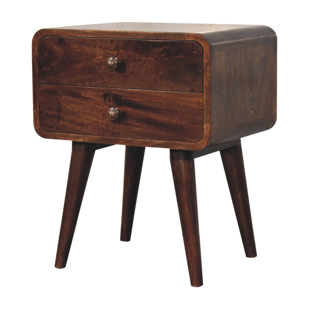 Solid Wood Curved California Walnut Nightstand, 2-Drawers, Nordic Legs, Dark Brown