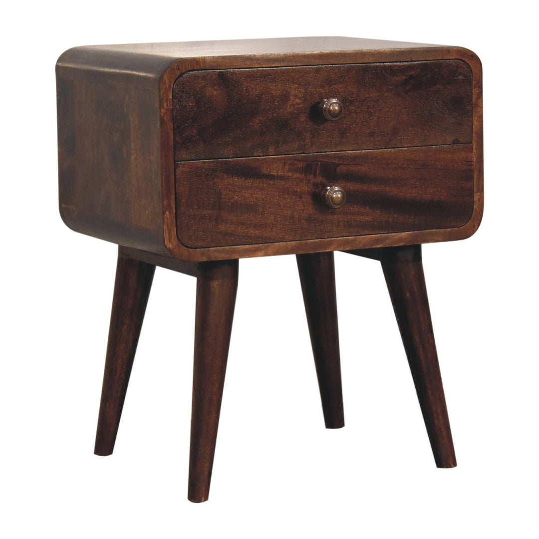 Solid Wood Curved California Walnut Nightstand, 2-Drawers, Nordic Legs, Dark Brown