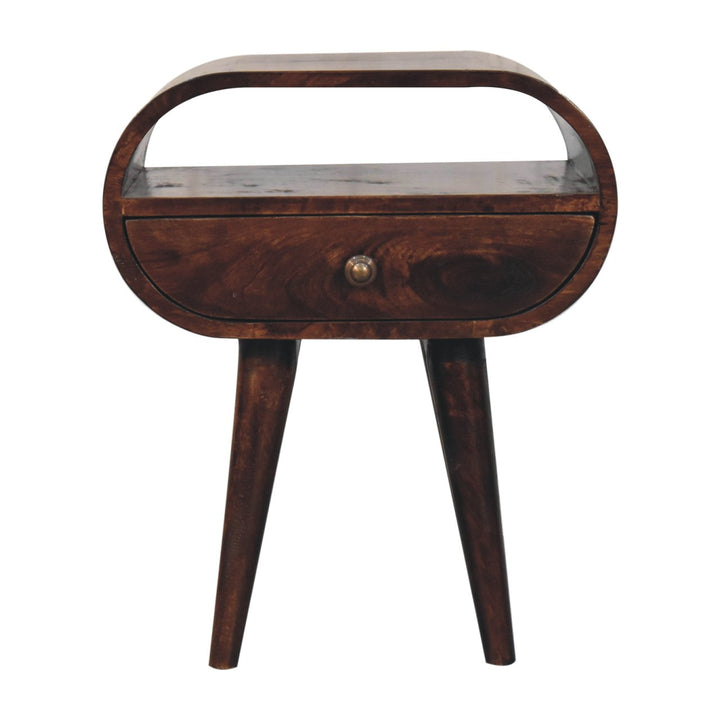 Solid Wood California Walnut Circular Bedside with 1-Drawer, Open Slot, Nordic Legs, Dark Brown