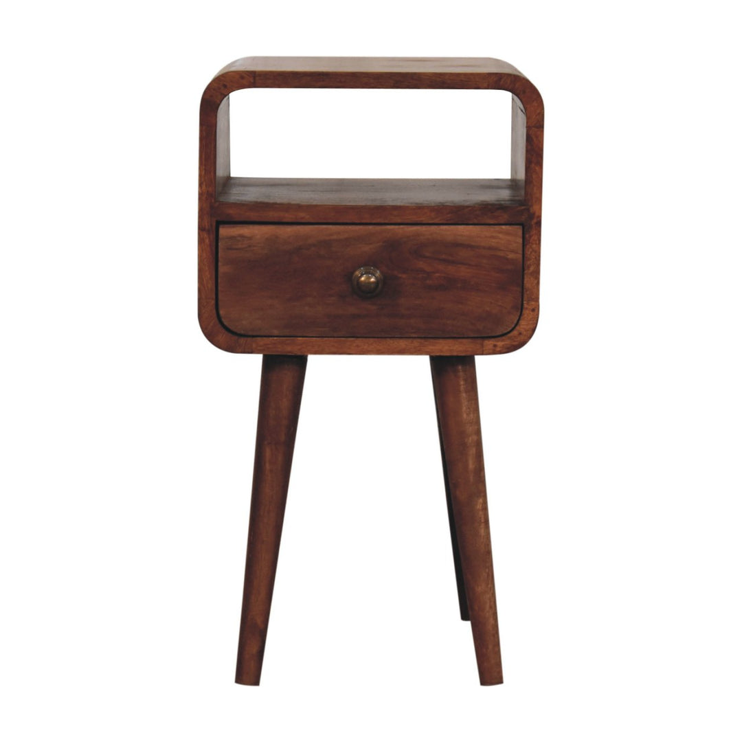 Solid Wood Mini Honey Caramel Curved Nightstand with Open Slot, 1-Drawer, Nordic Legs, Brown