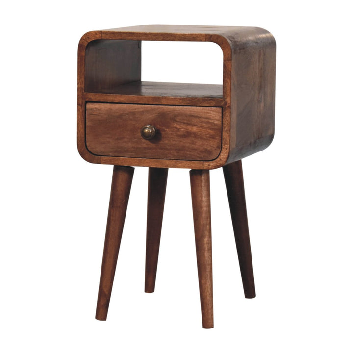 Solid Wood Mini Honey Caramel Curved Nightstand with Open Slot, 1-Drawer, Nordic Legs, Brown