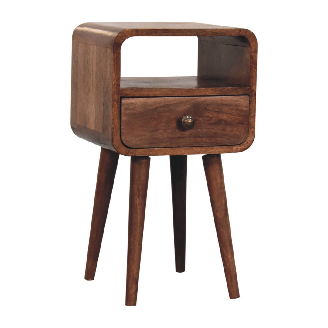 Solid Wood Mini Honey Caramel Curved Nightstand with Open Slot, 1-Drawer, Nordic Legs, Brown