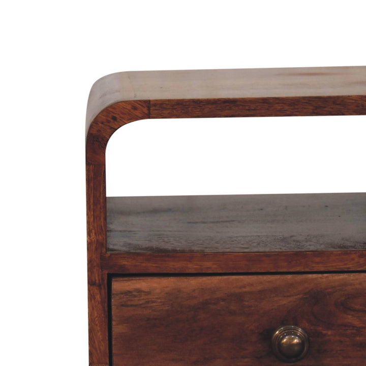 Solid Wood Mini Honey Caramel Curved Nightstand with Open Slot, 1-Drawer, Nordic Legs, Brown