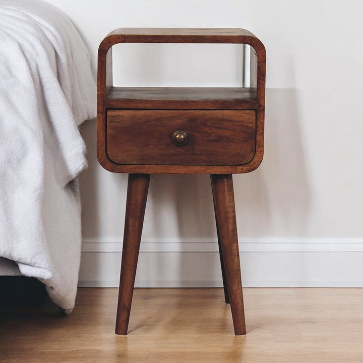 Solid Wood Mini Honey Caramel Curved Nightstand with Open Slot, 1-Drawer, Nordic Legs, Brown