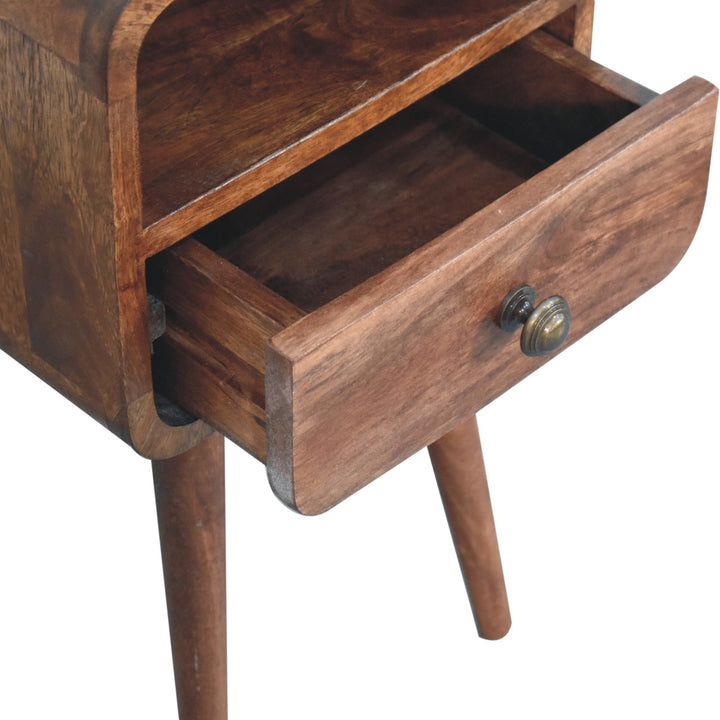Solid Wood Mini Honey Caramel Curved Nightstand with Open Slot, 1-Drawer, Nordic Legs, Brown