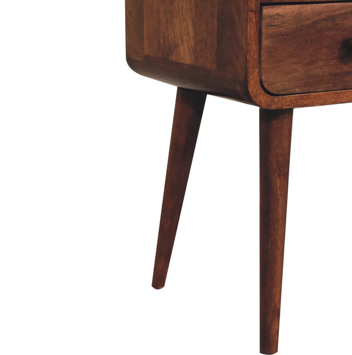 Solid Wood Mini Honey Caramel Curved Nightstand with Open Slot, 1-Drawer, Nordic Legs, Brown