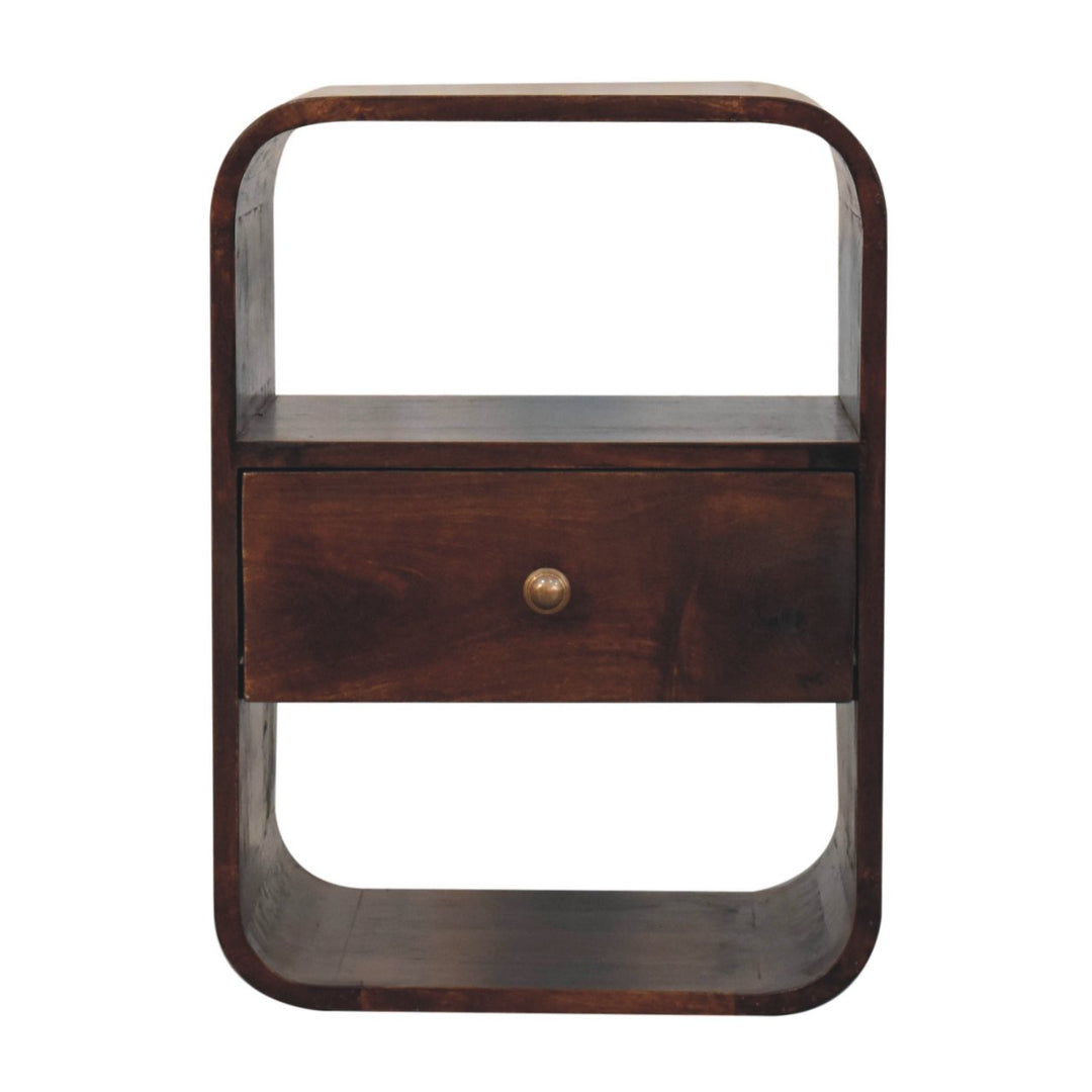 Solid Wood California Walnut Curved Edge Bedside, 1-Drawer, 2 Open Slots, Brown