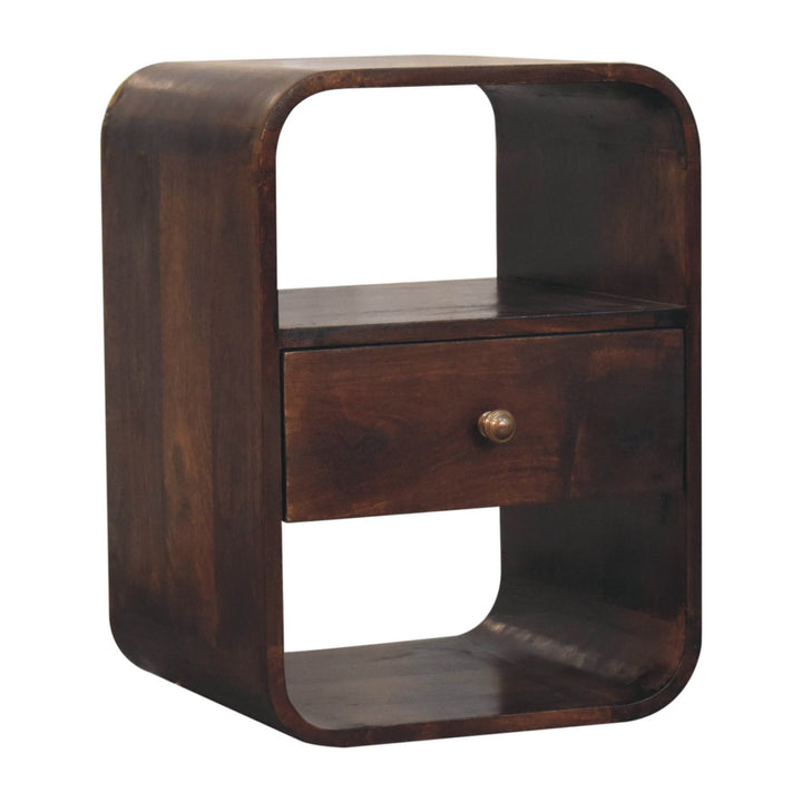 Solid Wood California Walnut Curved Edge Bedside, 1-Drawer, 2 Open Slots, Brown