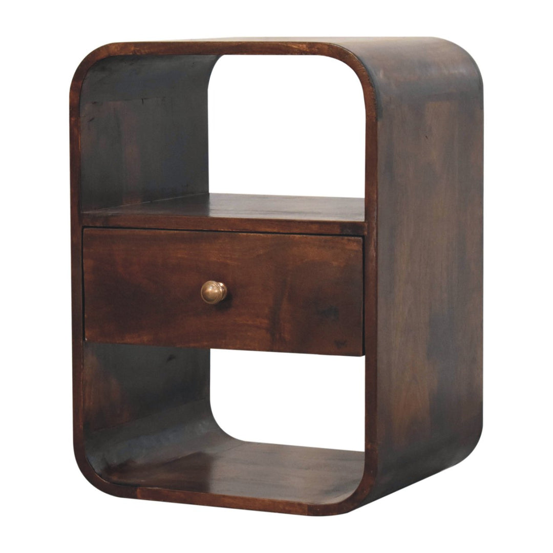 Solid Wood California Walnut Curved Edge Bedside, 1-Drawer, 2 Open Slots, Brown