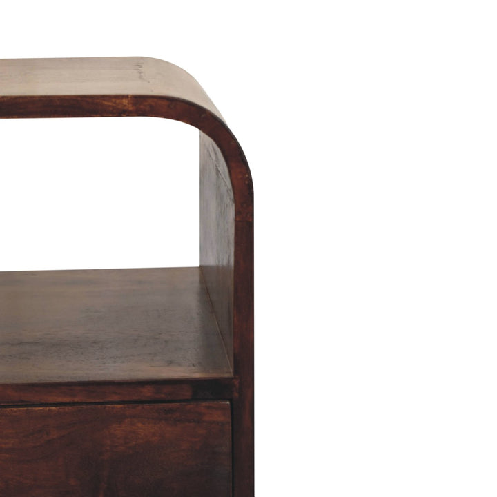 Solid Wood California Walnut Curved Edge Bedside, 1-Drawer, 2 Open Slots, Brown
