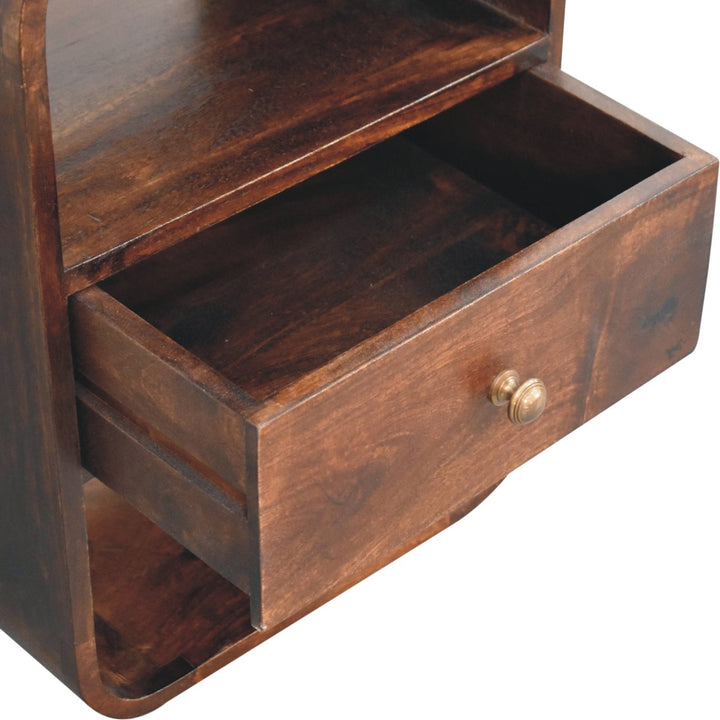Solid Wood California Walnut Curved Edge Bedside, 1-Drawer, 2 Open Slots, Brown