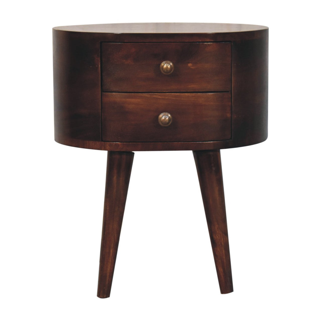 Solid Wood California Walnut Rounded Bedside Table, 2-Drawers, Nordic Legs, Dark Brown