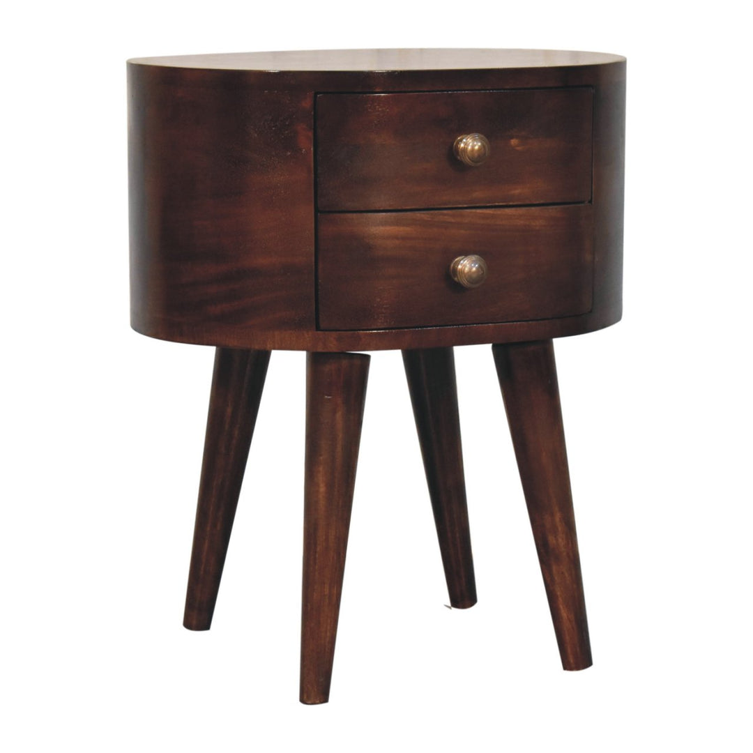 Solid Wood California Walnut Rounded Bedside Table, 2-Drawers, Nordic Legs, Dark Brown