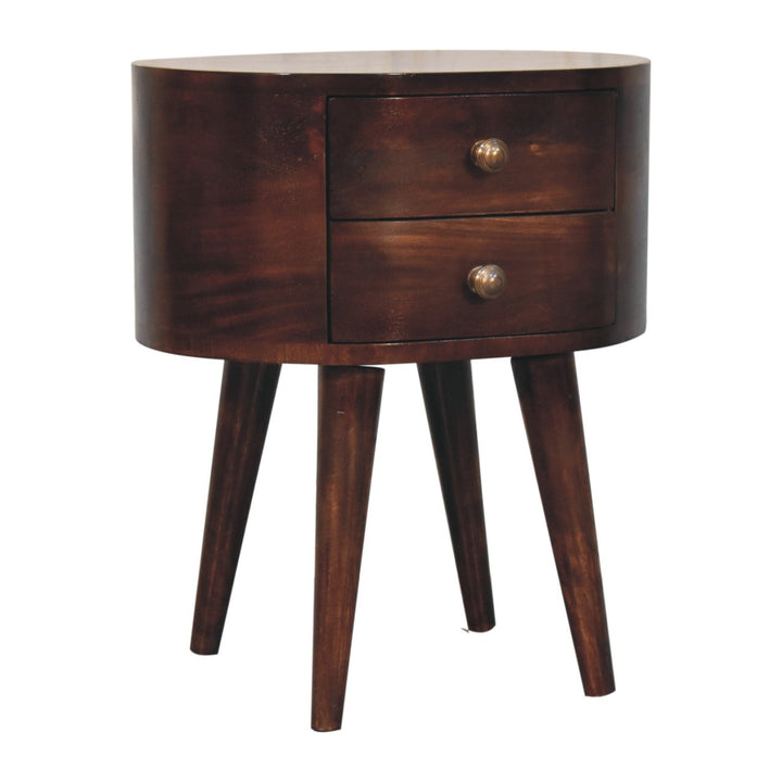 Solid Wood California Walnut Rounded Bedside Table, 2-Drawers, Nordic Legs, Dark Brown