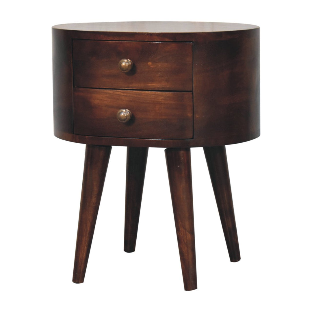 Solid Wood California Walnut Rounded Bedside Table, 2-Drawers, Nordic Legs, Dark Brown