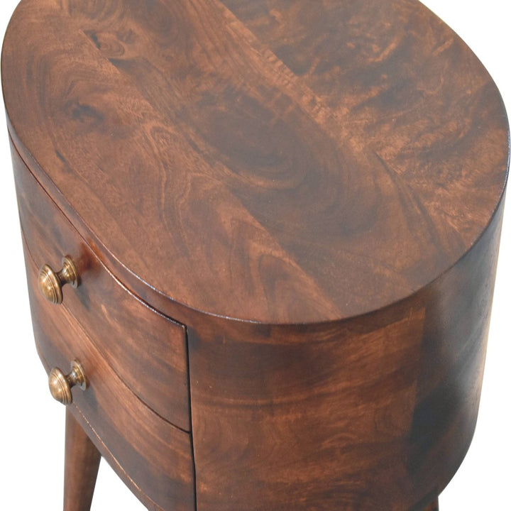 Solid Wood California Walnut Rounded Bedside Table, 2-Drawers, Nordic Legs, Dark Brown
