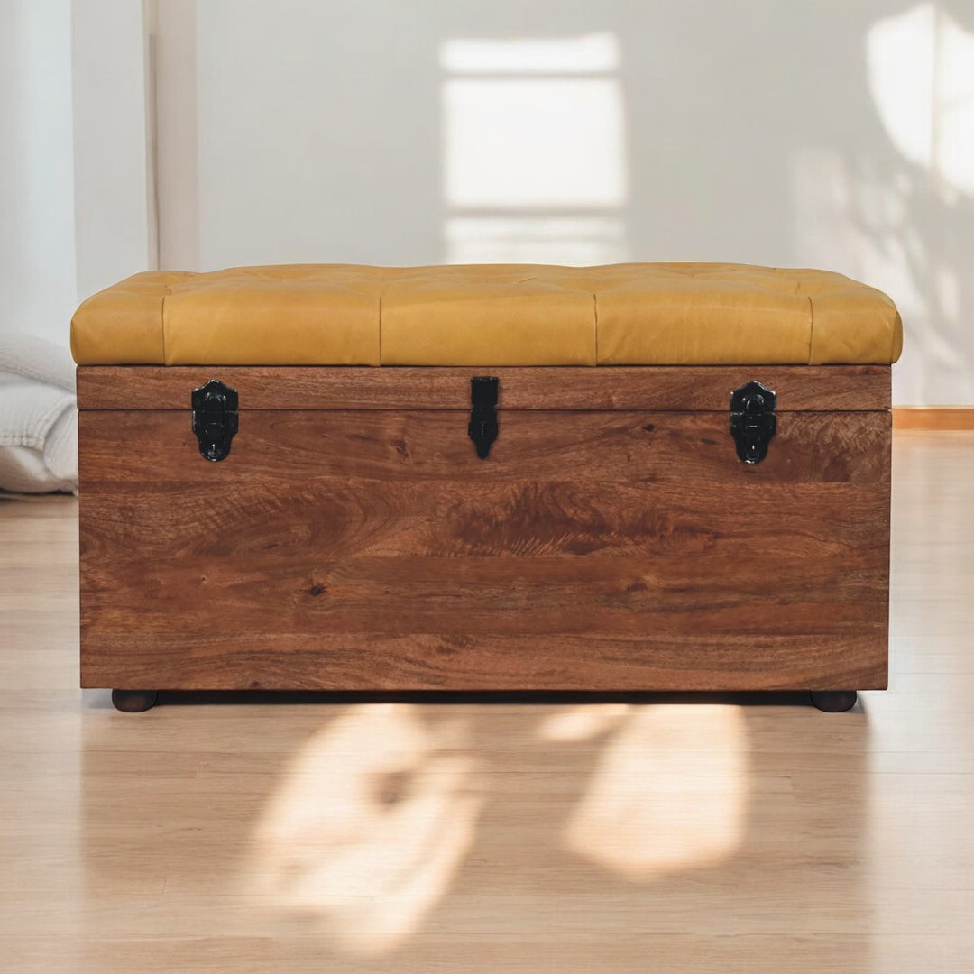 Solid Wood Buffalo Hide Honey Caramel Storage Trunk, Leather Upholstered, Yellow and Brown