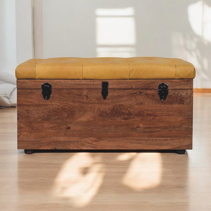 Solid Wood Buffalo Hide Honey Caramel Storage Trunk, Leather Upholstered, Yellow and Brown