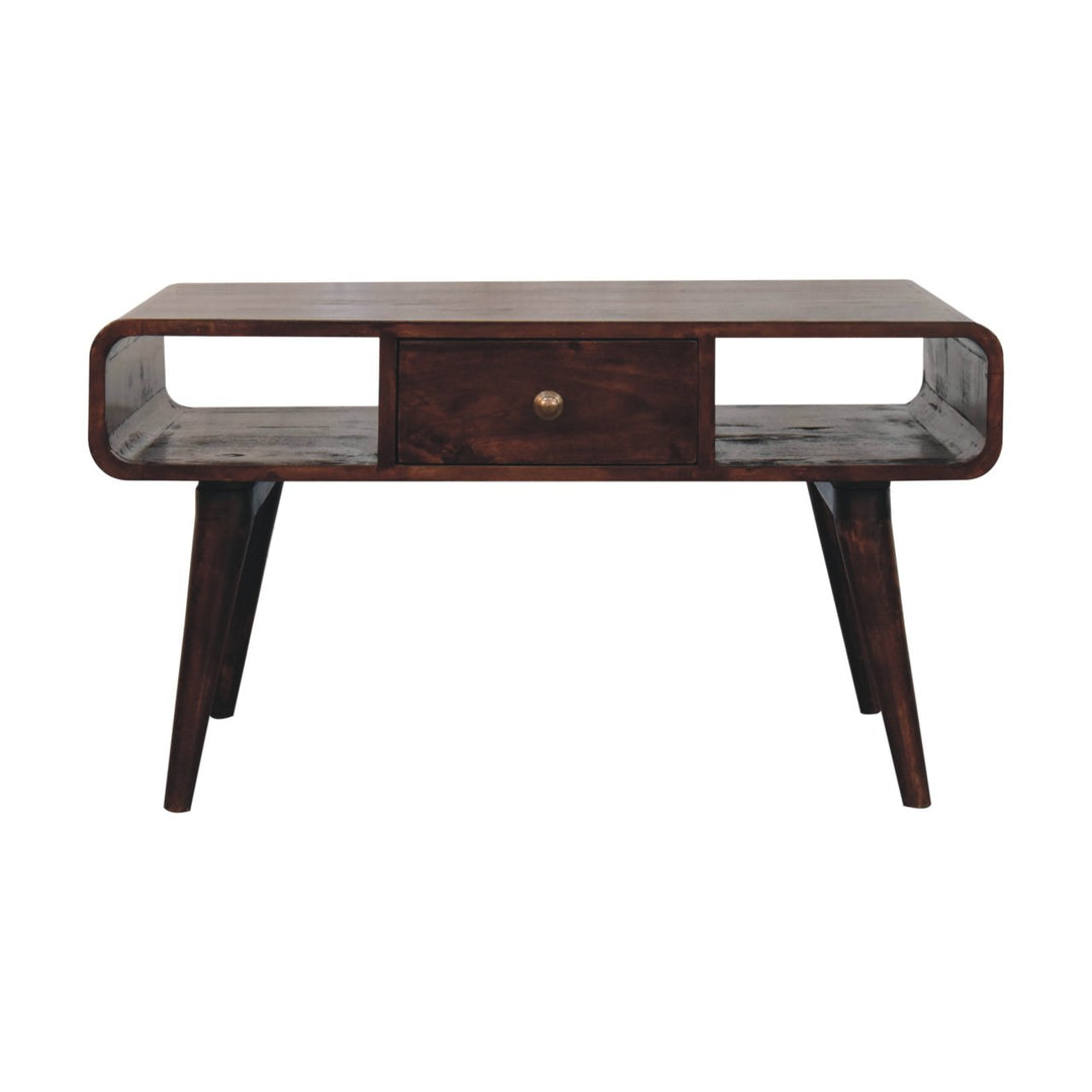 Solid Wood Curved California Walnut Coffee Table, 2-Drawers, 2 Shelves, Nordic Legs, Dark Brown