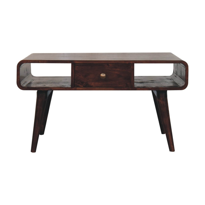 Solid Wood Curved California Walnut Coffee Table, 2-Drawers, 2 Shelves, Nordic Legs, Dark Brown