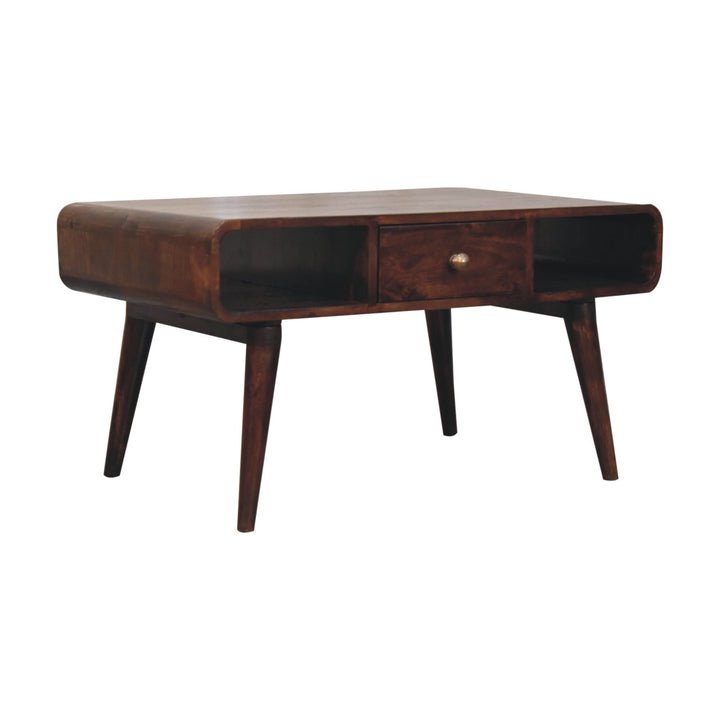 Solid Wood Curved California Walnut Coffee Table, 2-Drawers, 2 Shelves, Nordic Legs, Dark Brown