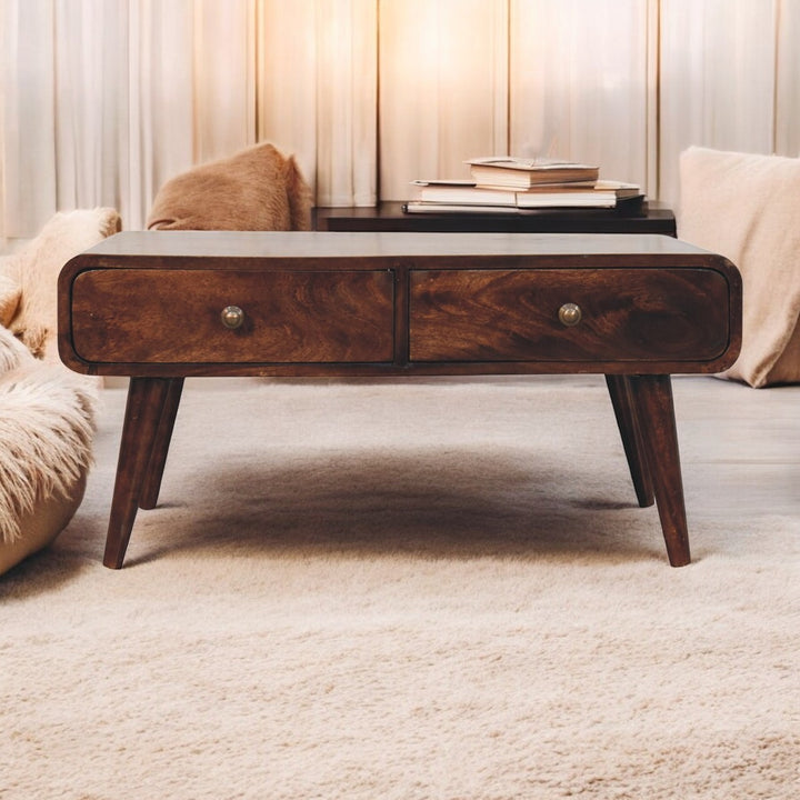 Solid Wood California Walnut Sonata Coffee Table, 4-Drawers, Nordic Legs, Dark Brown