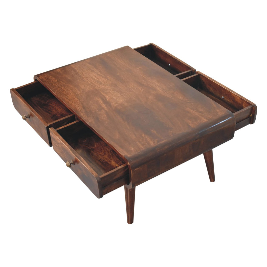 Solid Wood California Walnut Sonata Coffee Table, 4-Drawers, Nordic Legs, Dark Brown