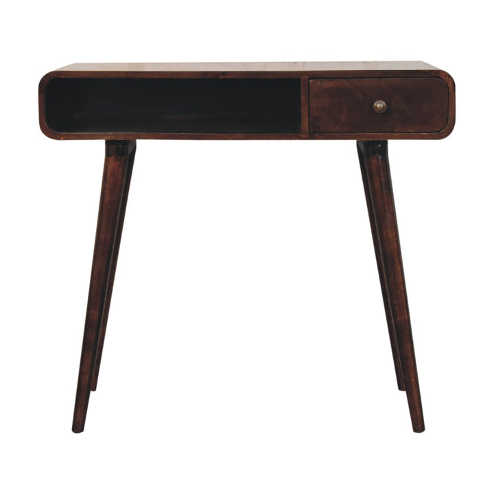 Solid Wood Curved California Walnut Writing Desk, 1-Drawer, 1 Open-Slot, Nordic Legs, Dark Brown