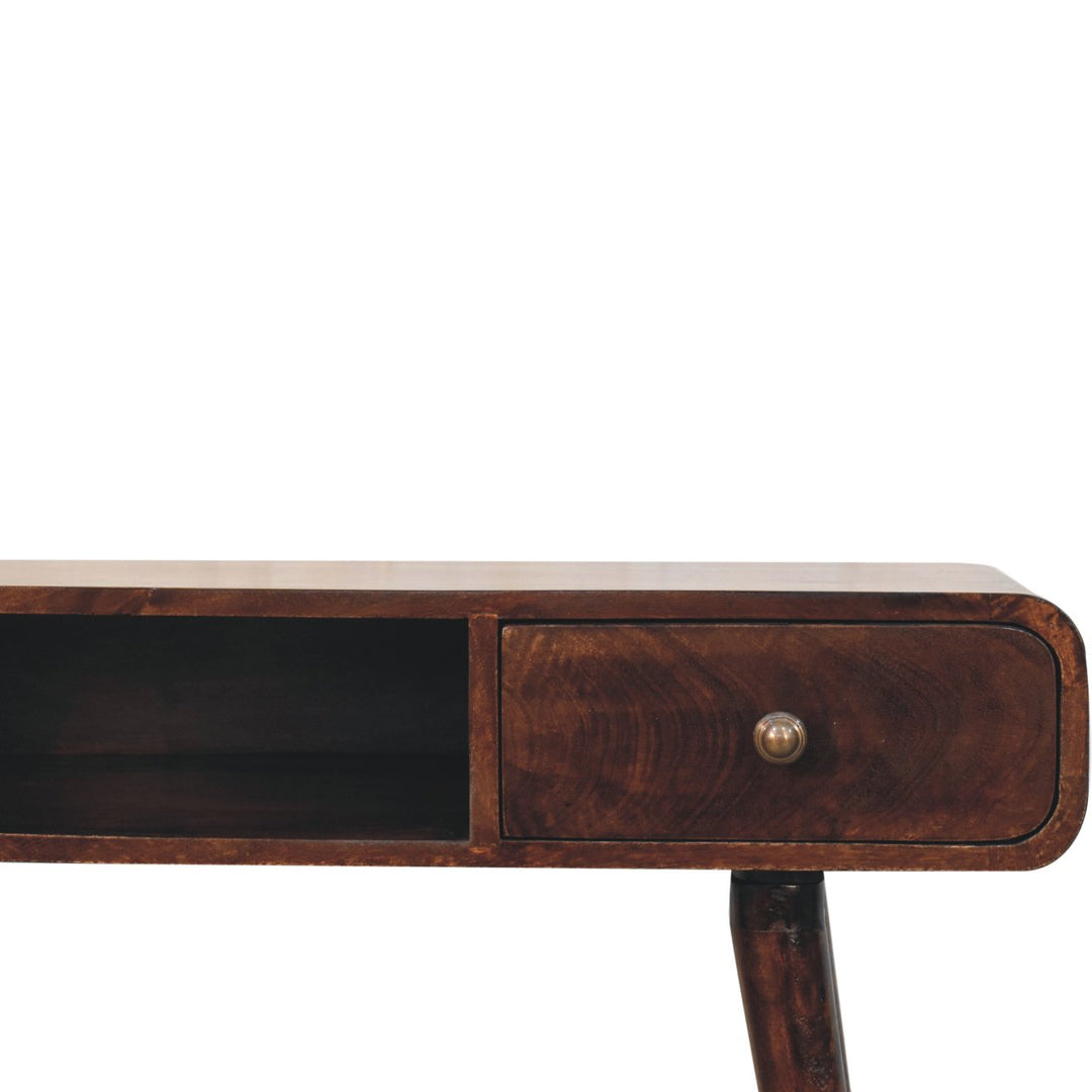 Solid Wood Curved California Walnut Writing Desk, 1-Drawer, 1 Open-Slot, Nordic Legs, Dark Brown