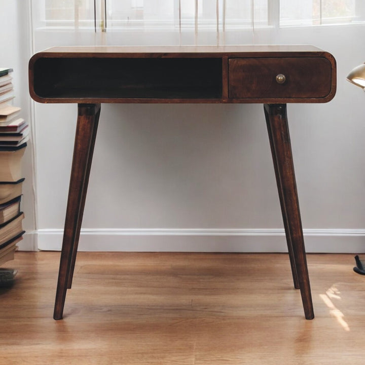 Solid Wood Curved California Walnut Writing Desk, 1-Drawer, 1 Open-Slot, Nordic Legs, Dark Brown