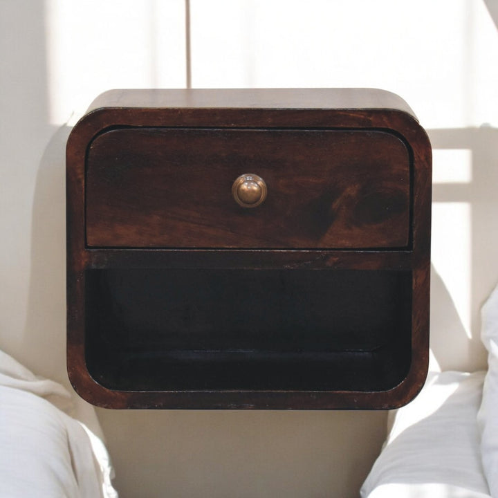 Solid Wood Mini Curved California Walnut Wall-Mounted Bedside, Open Slot, 1-Drawer