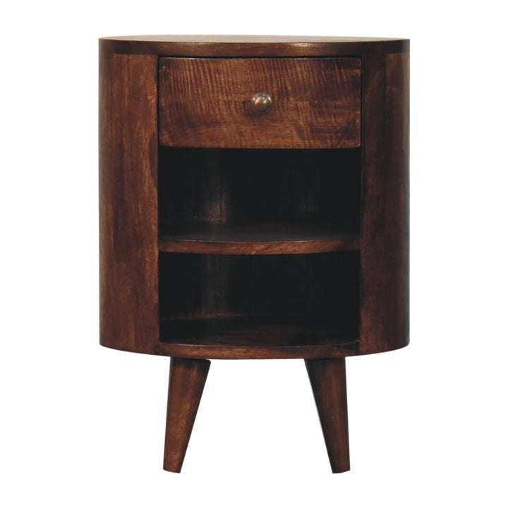 Solid Wood Cortez California Walnut Bedside, 1-Drawer, 2-Open Shelves, Nordic Legs, Dark Brown