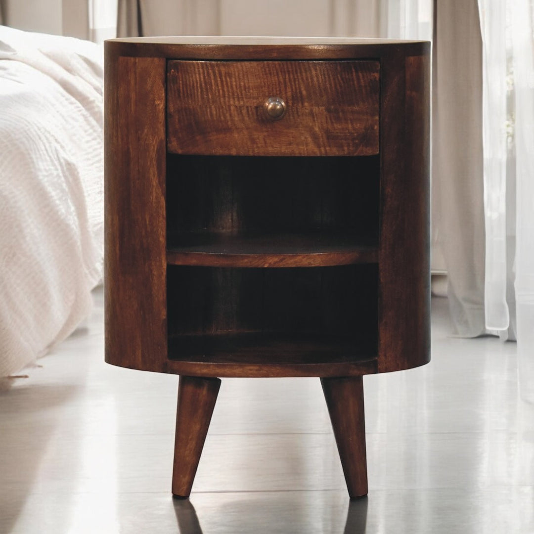 Solid Wood Cortez California Walnut Bedside, 1-Drawer, 2-Open Shelves, Nordic Legs, Dark Brown