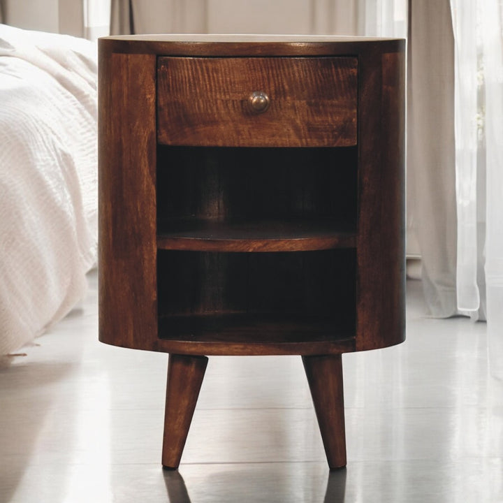 Solid Wood Cortez California Walnut Bedside, 1-Drawer, 2-Open Shelves, Nordic Legs, Dark Brown