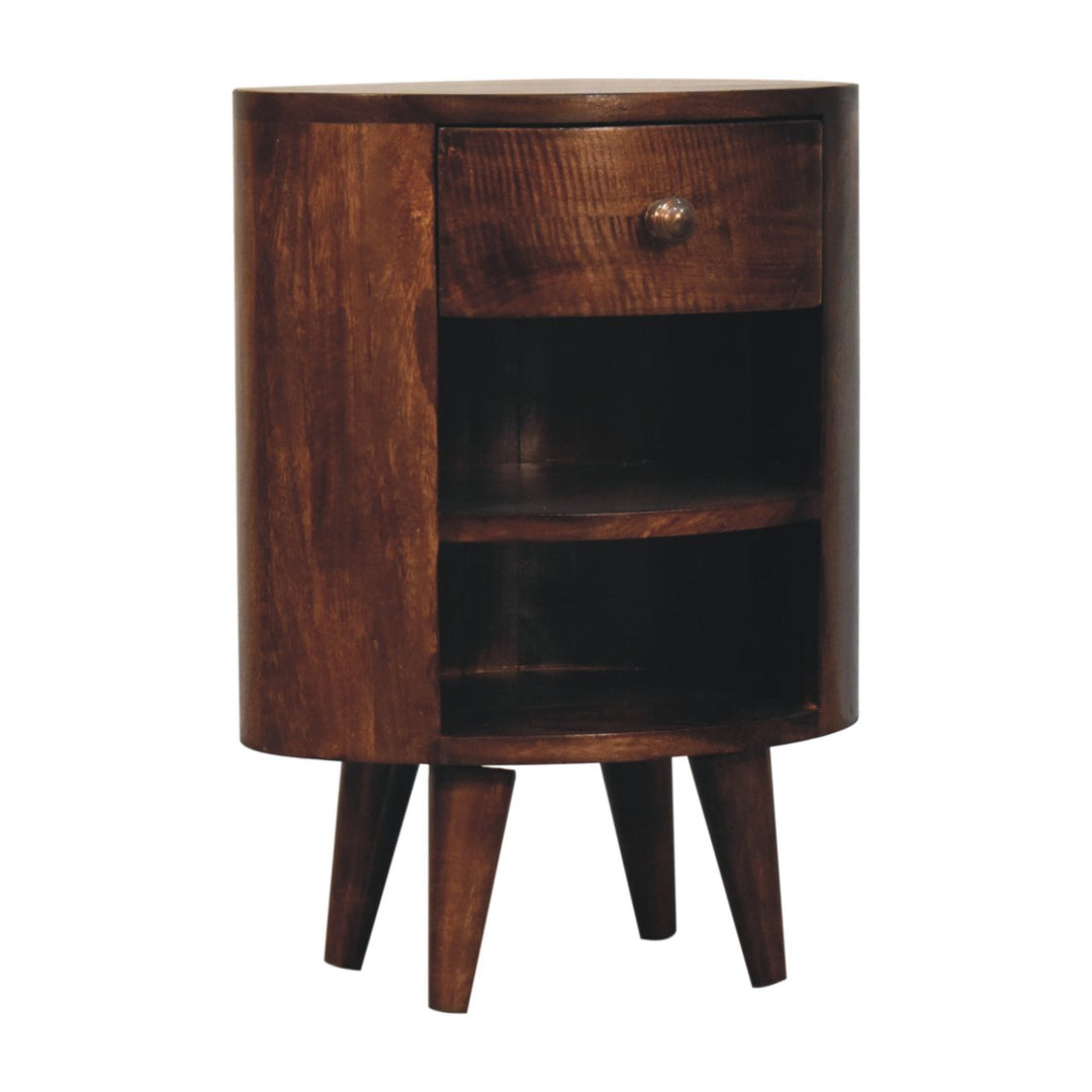 Solid Wood Cortez California Walnut Bedside, 1-Drawer, 2-Open Shelves, Nordic Legs, Dark Brown
