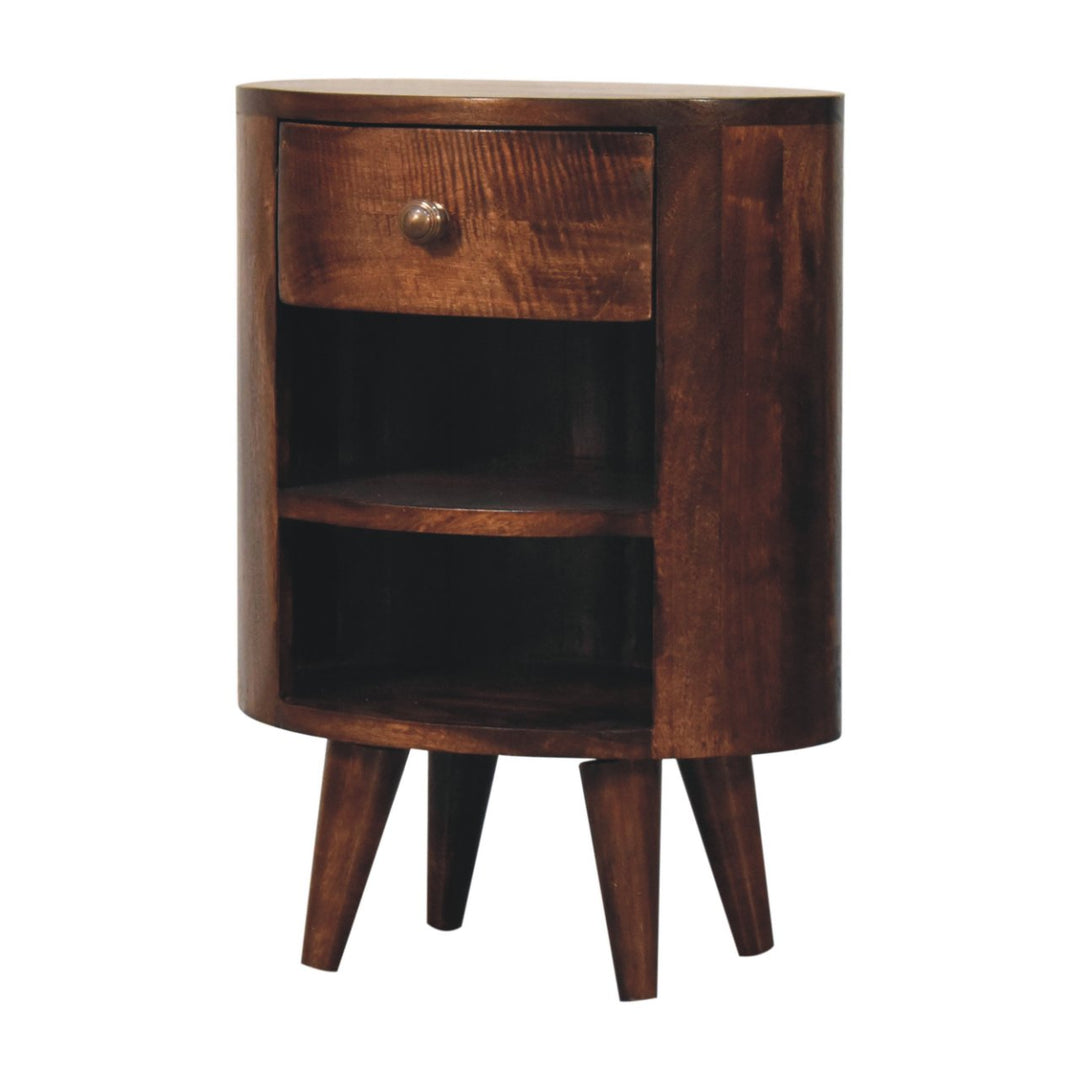 Solid Wood Cortez California Walnut Bedside, 1-Drawer, 2-Open Shelves, Nordic Legs, Dark Brown
