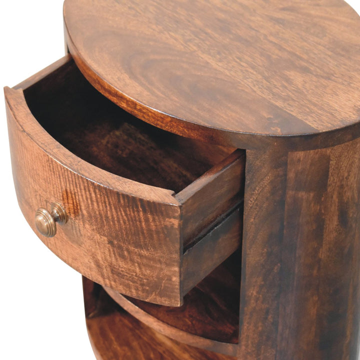 Solid Wood Cortez California Walnut Bedside, 1-Drawer, 2-Open Shelves, Nordic Legs, Dark Brown