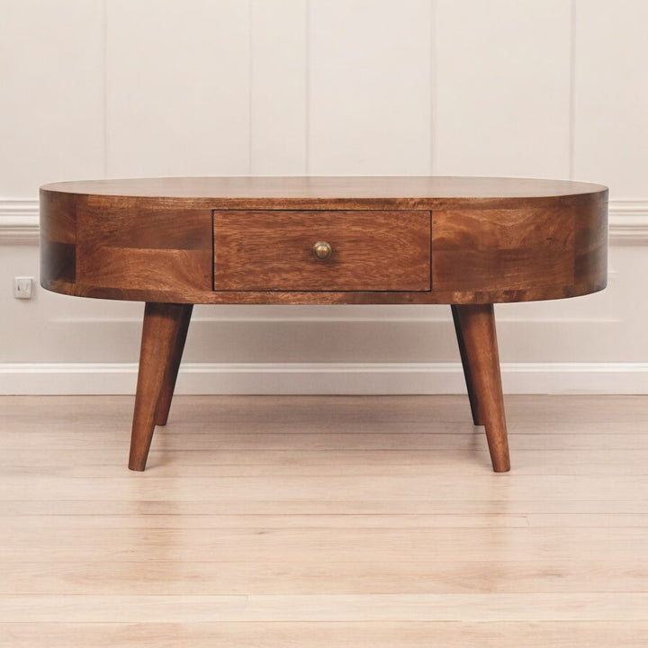 Solid Wood Honey Caramel Coffee Table, 2-Drawer, Nordic Legs, Brown