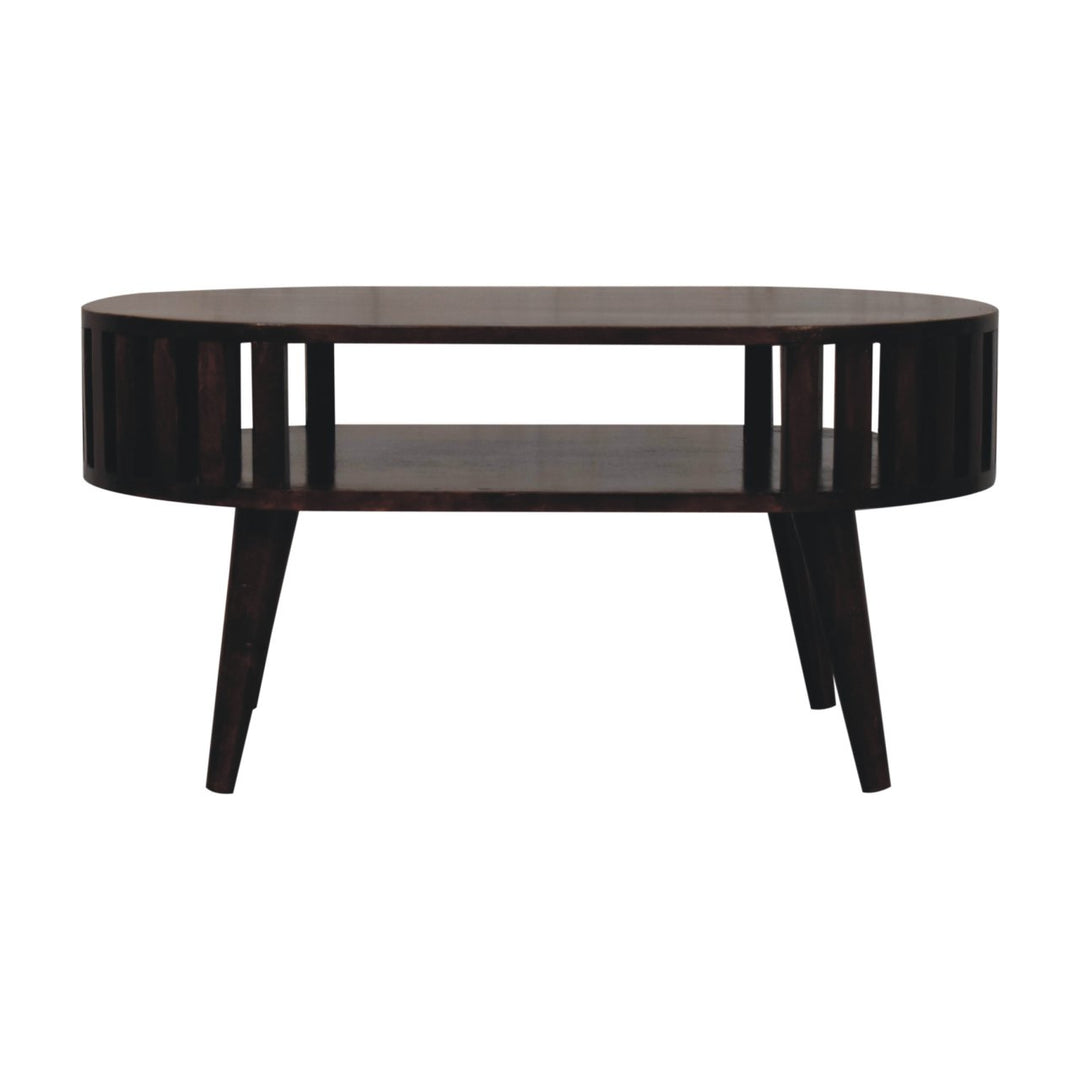 Solid Wood Ariella California Walnut Coffee Table, Open Storage, Nordic Legs, Dark Brown