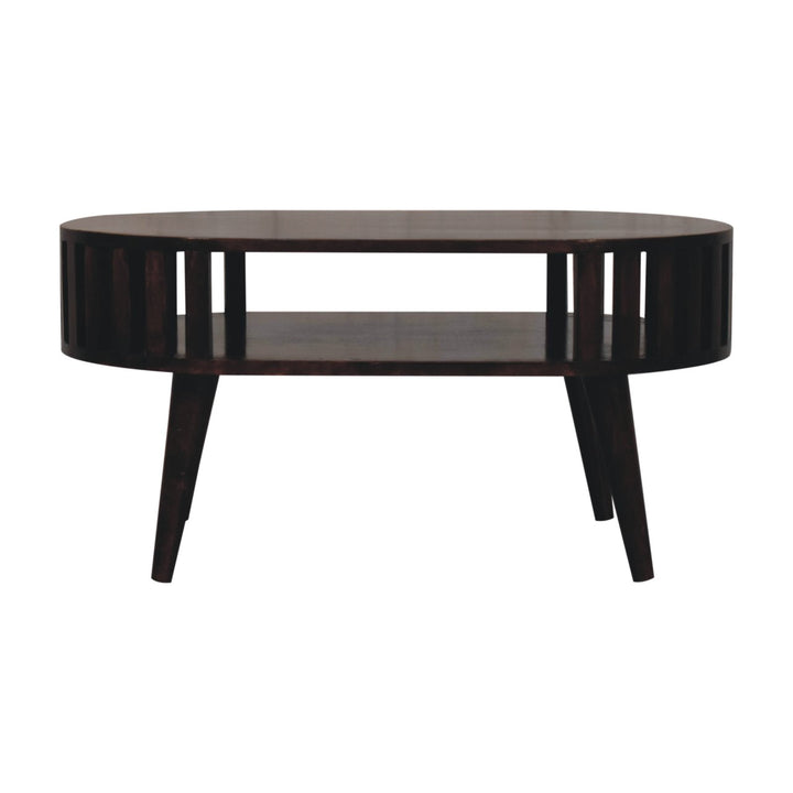 Solid Wood Ariella California Walnut Coffee Table, Open Storage, Nordic Legs, Dark Brown
