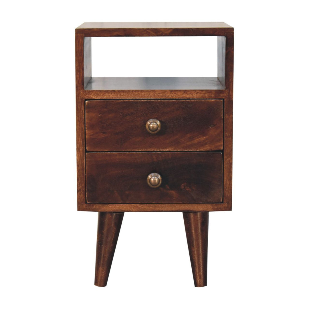 Solid Wood Mini Classic California Walnut Bedside, 2-Drawers, 1 Open Shelf, Nordic Legs, Dark Brown