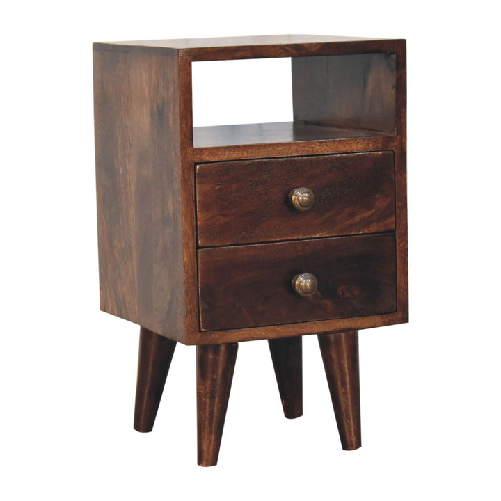 Solid Wood Mini Classic California Walnut Bedside, 2-Drawers, 1 Open Shelf, Nordic Legs, Dark Brown