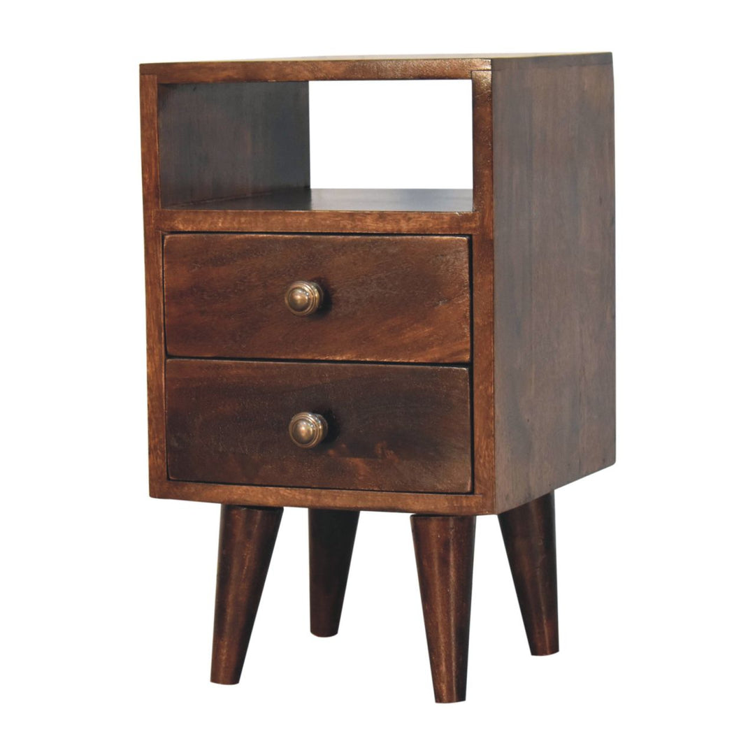Solid Wood Mini Classic California Walnut Bedside, 2-Drawers, 1 Open Shelf, Nordic Legs, Dark Brown