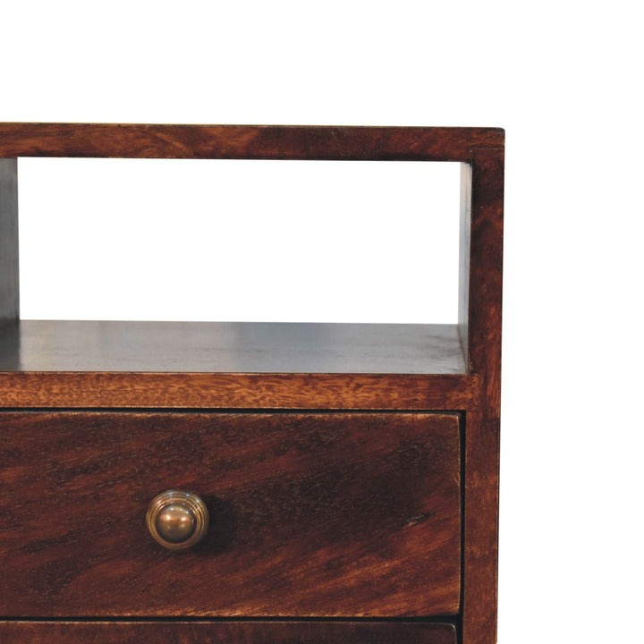 Solid Wood Mini Classic California Walnut Bedside, 2-Drawers, 1 Open Shelf, Nordic Legs, Dark Brown