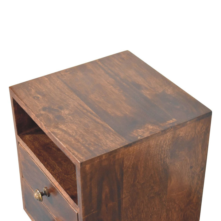Solid Wood Mini Classic California Walnut Bedside, 2-Drawers, 1 Open Shelf, Nordic Legs, Dark Brown