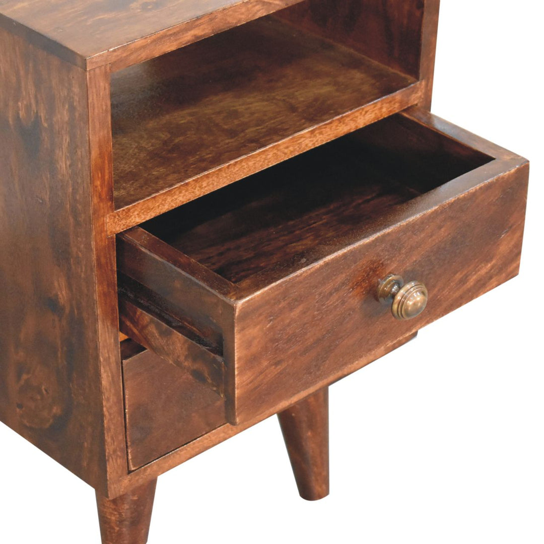 Solid Wood Mini Classic California Walnut Bedside, 2-Drawers, 1 Open Shelf, Nordic Legs, Dark Brown