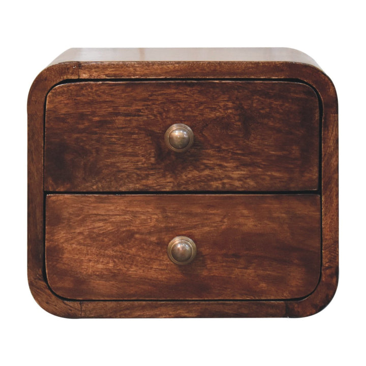 Solid Wood Mini Curved California Walnut Wall-Mounted Bedside, 2-Drawers, Brown