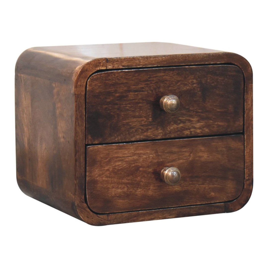 Solid Wood Mini Curved California Walnut Wall-Mounted Bedside, 2-Drawers, Brown